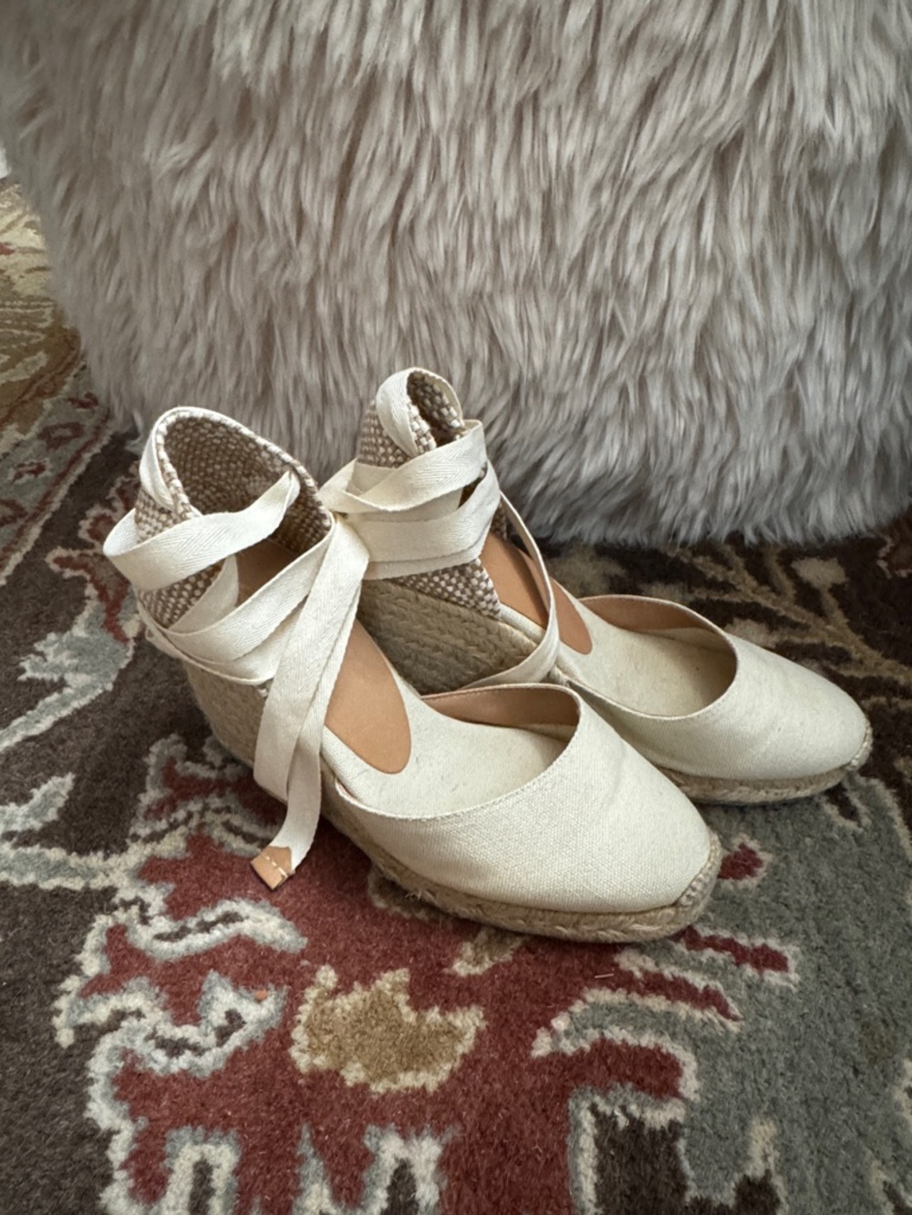 Castaner Cream Canvas Espadrille Wedge Lace-Up Heels